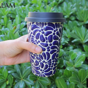 Talavera tumblers cup, Coffee thermal, Talavera Mug with silicon lid, Mexican Talavera thermal cup, Travel tumbler. 14 oz-400ml