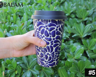 Talavera tumblers cup, Coffee thermal, Talavera Mug with silicon lid, Mexican Talavera thermal cup, Travel tumbler. 14 oz-400ml