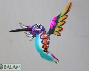 Metallic Hummingbird Alebrije Ornament, Hand-Painted Copal Wood Sculpture