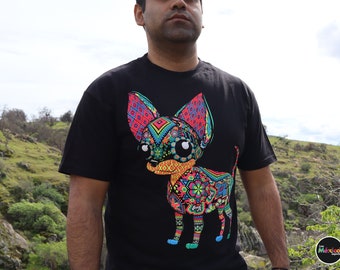 Chihuahua dog, Chihuahua T-shirt, Unique Screen-printing T-shirt, Mexican style, Mayan style, Aztec style, Glow in blacklights, unique shirt
