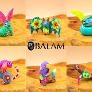May include: Six hand-painted wooden animal figurines, including a rabbit, bat, toucan, dog, elephant, and turtle. Each figurine is brightly colored with intricate details and floral patterns.