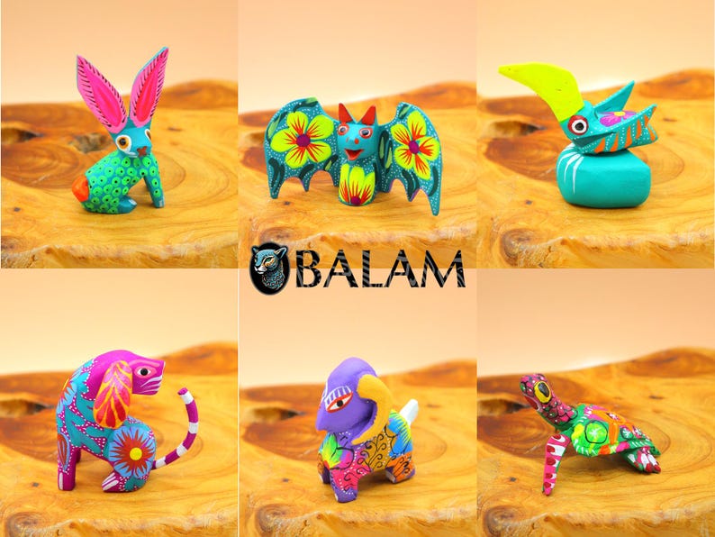May include: Six hand-painted wooden animal figurines, including a rabbit, bat, toucan, dog, elephant, and turtle. Each figurine is brightly colored with intricate details and floral patterns.