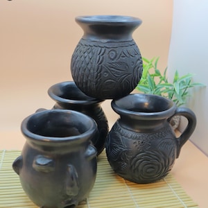 Barro Negro Chocolatera or Coffee mug with patterns, Taza Bola or Jarrito de Barro negro, Rustic handmade Mugs. San Bartolo, Oaxaca.
