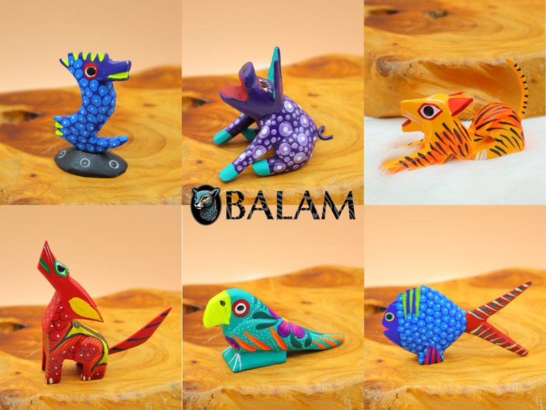 May include: Six colorful wooden animal figurines, including a blue seahorse, a purple pig, an orange tiger, a red coyote, a blue fish, and a green parrot. The figurines are hand-painted and have intricate details.