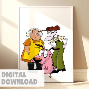 Poster Courage the Cowardly Dog – Retro Cartoon Network-muurkunst uit de jaren 90 | Grappige digitale download voor kinderkamer of galerij