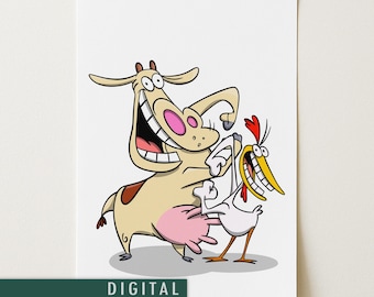 Koe en kip poster | Cartoon muurkunst jaren 90 | Retro animatieprint | Grappig Cartoon Network-decor | Digitale download