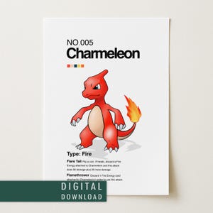Puede incluir: Una impresión digital de Charmeleon, un Pokémon de tipo fuego rojo y naranja. La impresión incluye el nombre, el número y los detalles de ataque del Pokémon. Las palabras "DESCARGA DIGITAL" están en la parte inferior de la impresión.