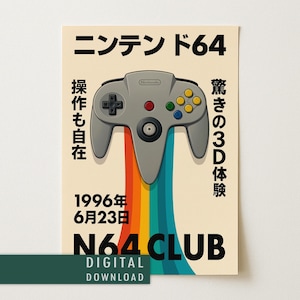 Póster de Nintendo 64 (descarga digital) / Tipografía japonesa / Arte mural vintage de mando de N64 / Impresión de videojuegos retro de los 90