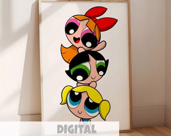Powerpuff Girls Poster | 90s Cartoon Network Wall Art Download | Retro Blossom Bubbles Buttercup Printable Decor