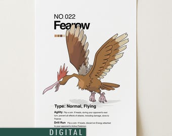 Plakat z Pokémonami Fearow | Minimalistyczna japońska grafika ścienna w stylu anime | Wydruk Fearow | Pobieranie cyfrowe