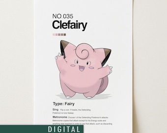 Plakat Clefairy Pokémon | Minimalistyczna japońska grafika ścienna w stylu anime | Wydruk Clefairy | Pobieranie cyfrowe