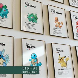 Ensemble d'affiches de démarrage Pokémon | Art mural anime japonais minimaliste | Bulbizarre Salamèche Pikachu | Téléchargement numérique