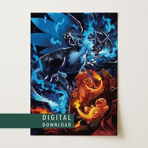 May include: A digital download art print featuring a large dark blue dragon-like creature with glowing blue flames, positioned above two smaller orange lizard-like creatures with yellow flames on their tails, set against a dark background.