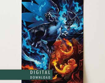 Niestandardowy plakat Mega Charizard X EX z pełną grafiką | Grafika kart Pokémon | Pobieranie cyfrowe