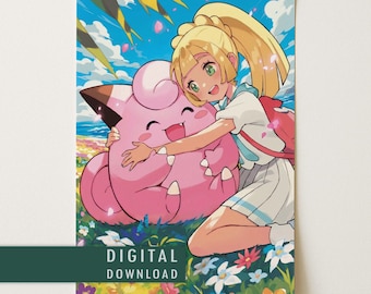 Spersonalizowany plakat Lillie i Clefairy z pełną grafiką | Grafika kart Pokémon | Pobieranie cyfrowe