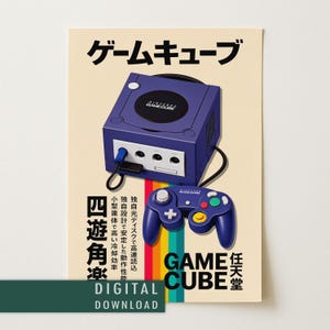 May include: A poster featuring a purple Nintendo GameCube console and controller. The console is square with a circular top. The controller has a directional pad, buttons, and analog sticks. Japanese text and the words "GAME CUBE" are also present.