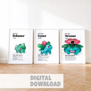 Bulbasaur Evolution Line Art Print: Venusaur Trio, Game Room Decor (Digital Download
