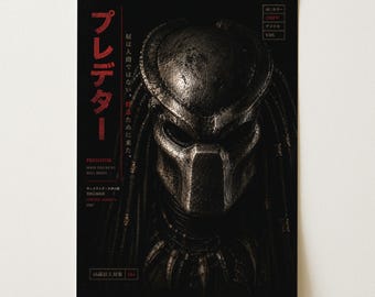 Plakat science fiction z filmu Predator | Japoński film na kasetach VHS | Mroczna, filmowa grafika Predatora