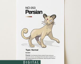 Perski plakat Pokémon | Minimalistyczna japońska sztuka ścienna w stylu anime | Perski wydruk | Pobieranie cyfrowe