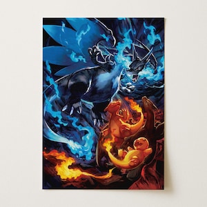 May include: A vertical art print featuring a large, dark-colored dragon-like creature with expansive wings surrounded by bright blue flames. Below it, two smaller orange lizard-like creatures are depicted with flames on their tails.