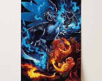 Spersonalizowany plakat Mega Charizard X EX z pełną grafiką | Grafika ścienna z kartami Pokémon | Wydruk fizyczny