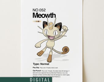 Plakat z Meowth Pokémon | Minimalistyczna japońska grafika ścienna w stylu anime | Wydruk z Meowth | Pobieranie cyfrowe