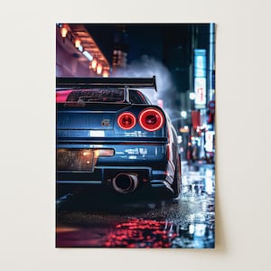 Póster del Nissan Skyline GT-R R34 / Tokyo Street Series / Arte mural de coches nocturnos JDM