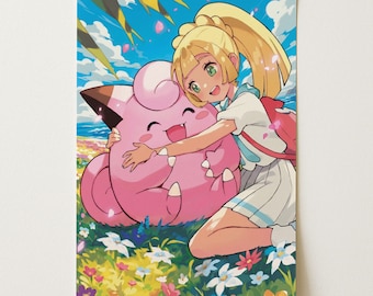Spersonalizowany plakat Lillie i Clefairy ex z pełną grafiką | Grafika kart Pokémon | Plakat fizyczny