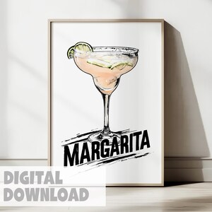 マルガリータカクテルデジタルウォールアート印刷可能なドリンクイラスト、バーカートキッチンまたはパーティーの装飾にモダンスタイル