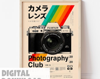 Retro Camera Poster – Japanese Typography Print with Rainbow Design for Film Photography Decor | Digital Download – A1 A2 A3 A4 Sizes