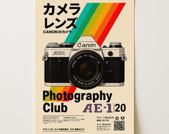 Canon ヴィンテージカメラ No.187295 Canon AE-1 Poster | Japanese Typography | 90s Retro Camera Wall