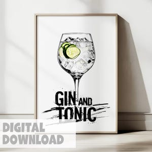 Gin-tonic cocktail digitale muurkunst afdrukbare drankje poster voor bar wagen keuken of thuis vermakelijk ruimte decor