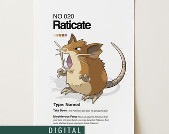 Plakat Raticate Pokémon | Minimalistyczna japońska grafika ścienna w stylu anime | Wydruk Raticate | Pobieranie cyfrowe