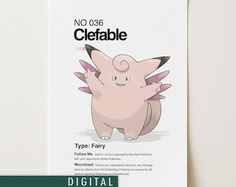 Plakat Clefable Pokémon | Minimalistyczna japońska grafika ścienna w stylu anime | Wydruk Clefable | Pobieranie cyfrowe