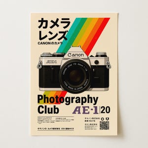 May include: A vintage-style poster featuring a Canon AE-1 camera with a black body and silver accents. The poster includes the text "Photography Club" and a rainbow design. Japanese text is also present.