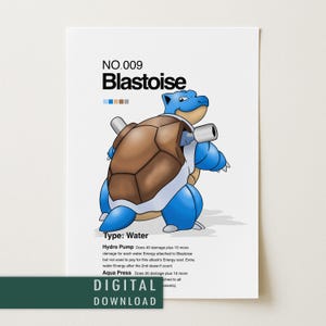 May include: A digital download print featuring a blue Blastoise character illustration. The artwork includes the text "NO.009 Blastoise" and "Type: Water". The image also lists Hydro Pump and Aqua Press attack details.