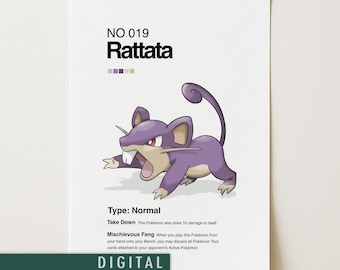 Plakat z Pokémonami Rattata | Minimalistyczna japońska sztuka ścienna w stylu anime | Wydruk z Pokémonami Rattata | Pobieranie cyfrowe