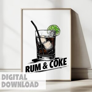 Rum en cola cocktail digitale muurkunst afdrukbare bar drankje poster voor keuken thuis bar kar decor of feest downloaden