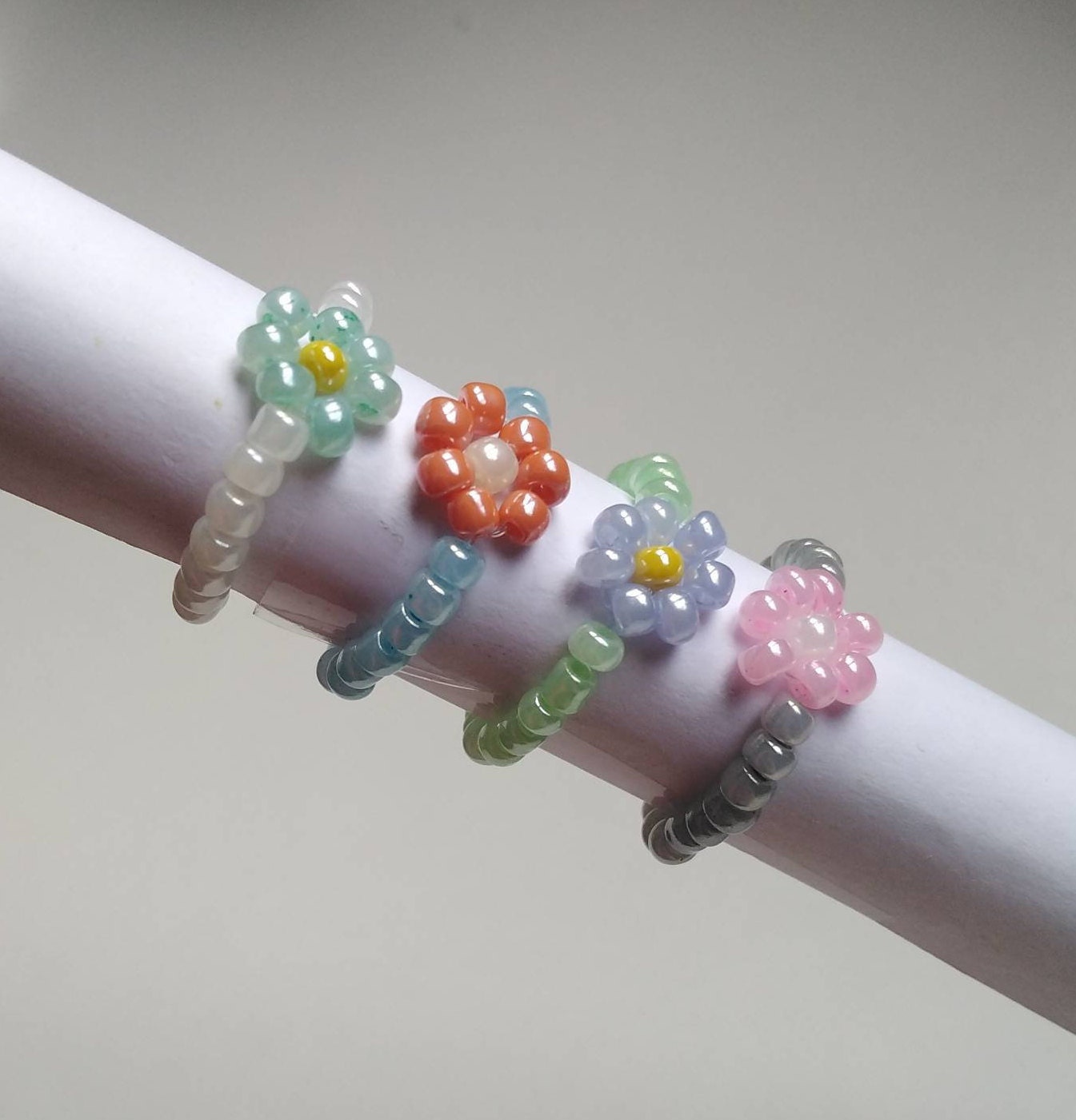 Single Flower Beaded Ring Handmade Lustered Beads Etsy UK