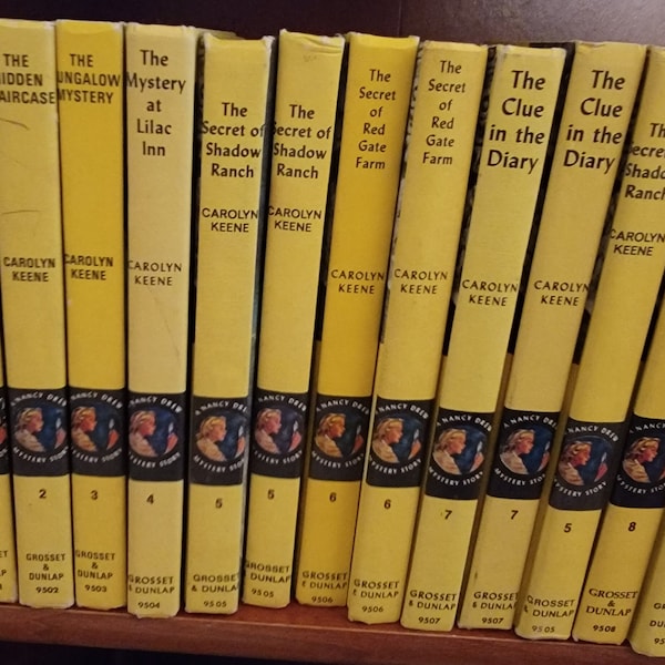 Nancy Drew Mystery Books - yellow matte, white inside cover art (some blue!)