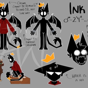 May include: A black and white illustration of a demon character named "Ink" with a crown, wings, and a tail. The character is about twice the height of a house cat. The illustration includes text describing the character's features and abilities, including that the crown cannot be removed, the character cannot fly, and the character's mouth appears when eating and attempting to steal fingers. The text also states that water is a "no" for the character.