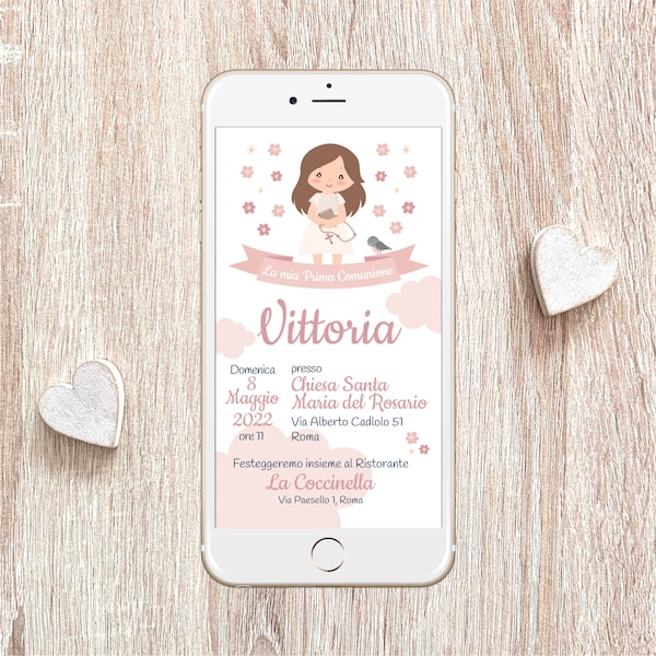 Invito Comunione Digitale - Prima Comunione - Invito Personalizzato - Invito Whatsapp - Comunione Bambina Bambino - Tema Stelle e Fiori