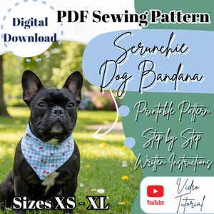 May include: A black French Bulldog wearing a light blue and white checkered bandana with red cherry accents. The image includes text that reads "Digital Download", "Scrunchie Dog Bandana", and "Sizes XS-XL". The image also includes the text "Printable Pattern", "Step by Step Written Instructions", and a YouTube video tutorial.