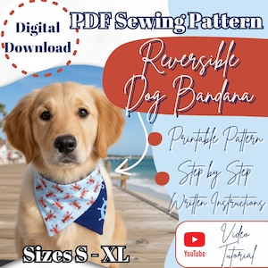 Könnte beinhalten: Ein Golden Retriever trägt ein Wendebandana für Hunde mit einem Hummerdruck auf hellblauem Hintergrund und einer marineblauen Seite mit nautischem Design. Das Bild enthält Text für ein digitales PDF-Schnittmuster, Größen S-XL und ein YouTube-Video-Tutorial.