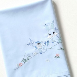 Embroidered Sheet: Bunny Rabbits / Cotton / Toddler Bedding / Blue / Vintage / Cot Sheet / Nursery Decor / Kid Room / Flat Sheet / Vintage