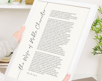 Proverbs 31:10-31 Printable Scripture Wall Art, A Wife of Noble Character Christian Gift, Minimalist Typography Bible Verse Digital Download