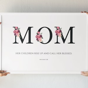 Provérbios 31:28 Seus filhos se levantam e chamam de abençoada aquarela floral para impressão mãe versículo da Bíblia arte de parede, presente de dia das mães cristão