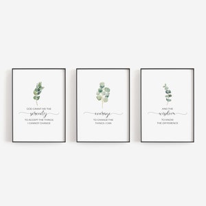 Gelassenheit Gebet Wandkunst, 3er Set Minimalistisches Aquarell Grün Gott Gewähre mir die Gelassenheit Digitaldrucke, botanische christliche Wandkunst