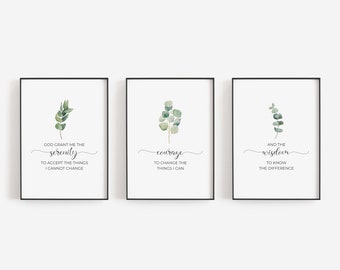 Serenity Prayer Wall Art, Set of 3 Minimalist Watercolor Greenery God Grant Me the Serenity Digital Prints, Botanical Christian Wall Art