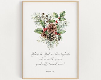 Luc 02:14 Noël écriture imprimable Wall Art, gloire à Dieu dans la plus haute aquarelle hiver verdure Christian Bible verset impression numérique